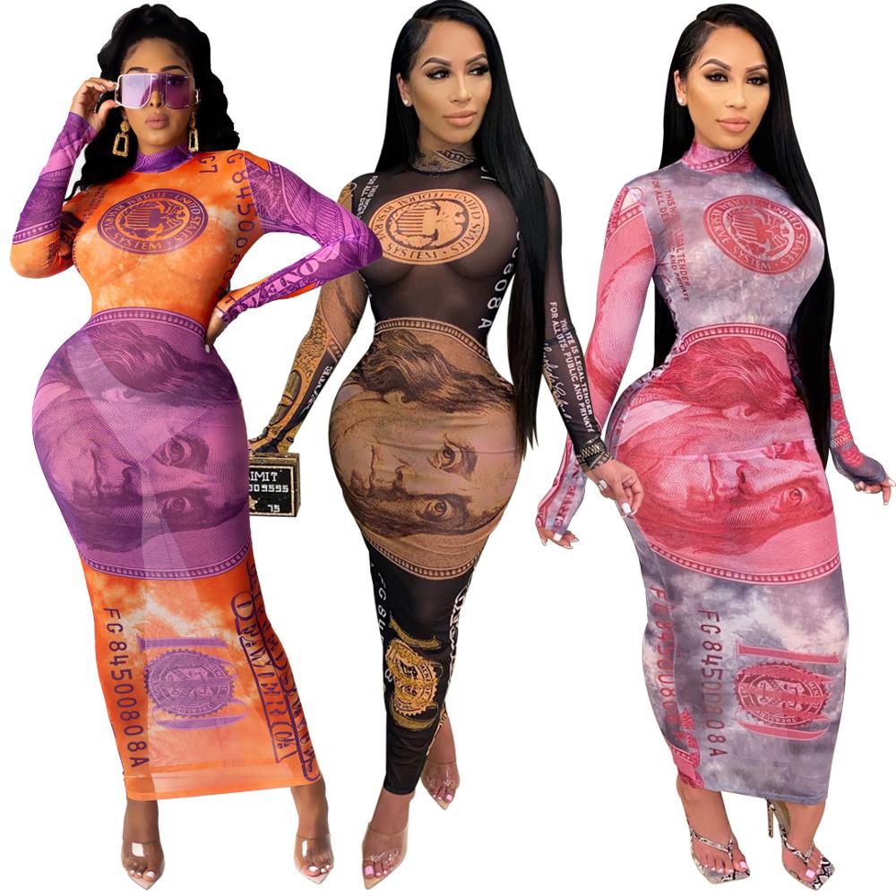 Print Sexy Mesh Long Sleeve Party Dress Women See Through Clubwear Skinny Autumn Bodycon Maxi Dresses Slim Turtleneck