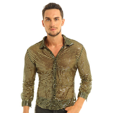 Mens Tuxedo Shirts Shiny Sequins See Through Mesh Long Sleeve Clubwear