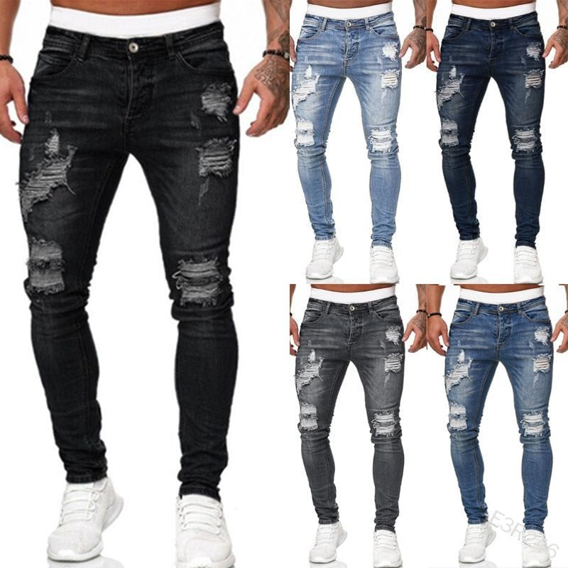 Mens Ripped Skinny Jeans Blue Slim Fit Hole Pencil Pants Casual Biker Trousers Streetwear 2022 High Quality Denim Man Clothing