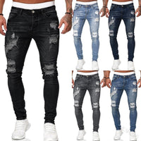 Mens Ripped Skinny Jeans Blue Slim Fit Hole Pencil Pants Casual Biker Trousers Streetwear 2022 High Quality Denim Man Clothing