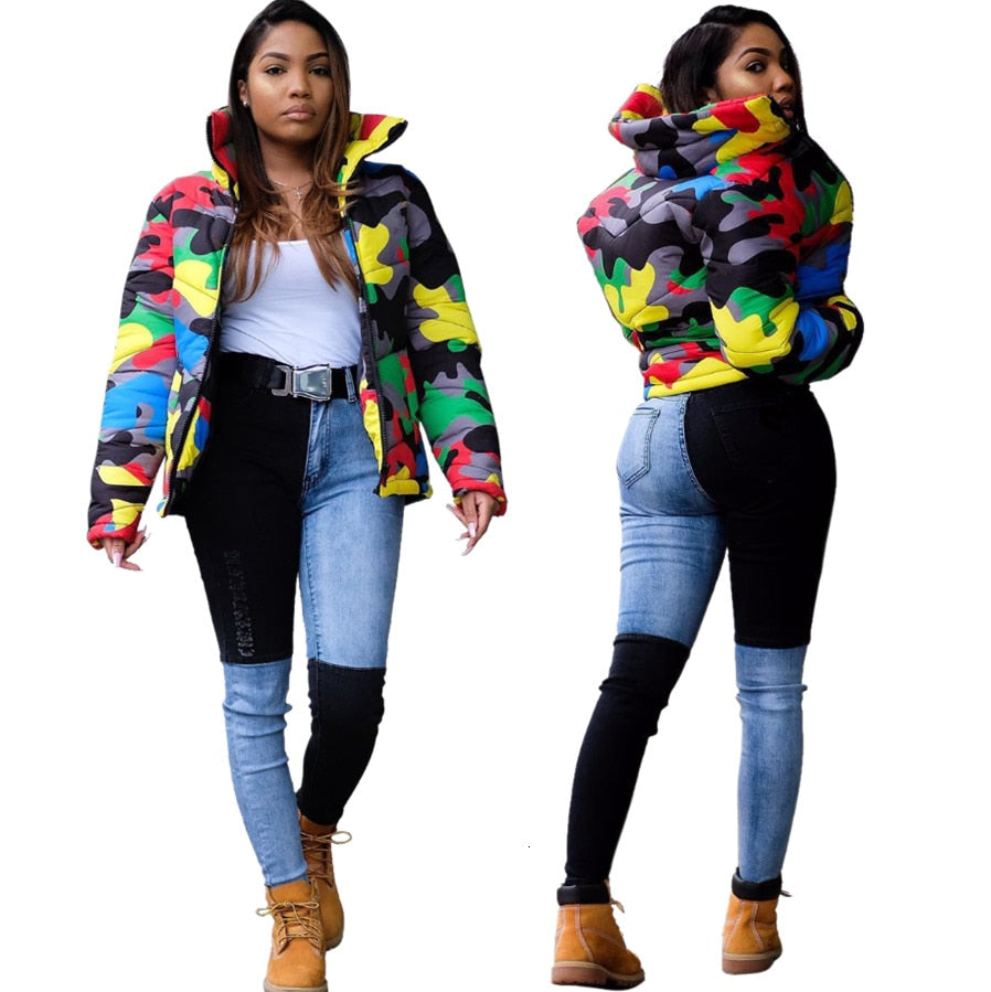 2019 Camo Print Winter Jacket Women Festival Warm Parka Down