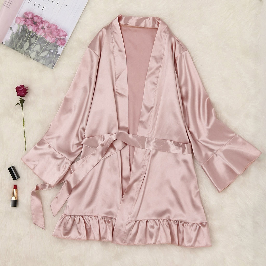 Women Sexy V-neck Silk Satin Night Dress Lace Sleepwear Nightwear Long Sleeve Nighties