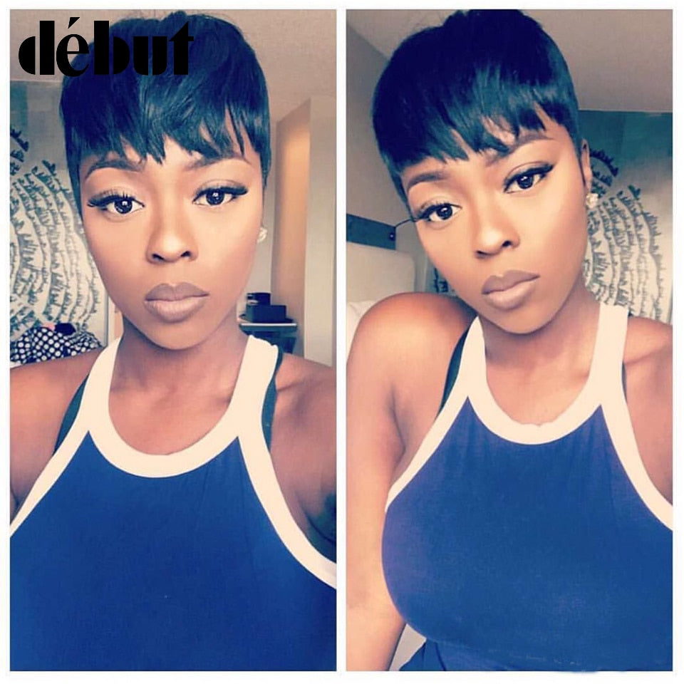 Debut Hair Brazilian Remy Short Straight Human Hair Wigs For Black Women Side Part Ombre Wigs With Bangs Free Shipping