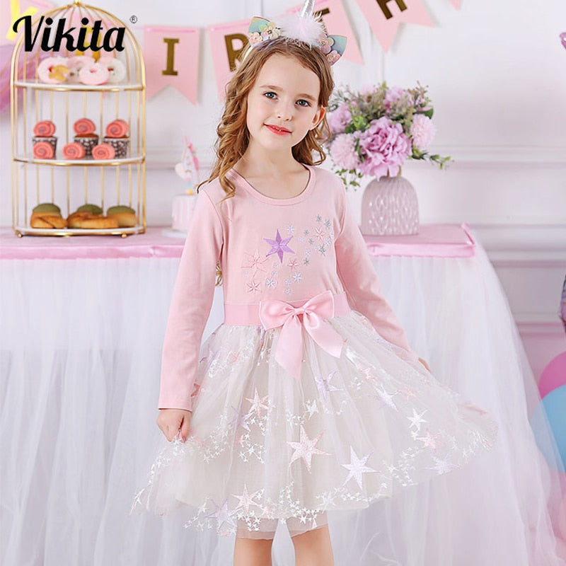 VIKITA Girls Princess Dress Kids Star Pattern Embroidery Dress Toddlers Birthday Party Mesh Vestidos Kids Autumn Dress for Girl