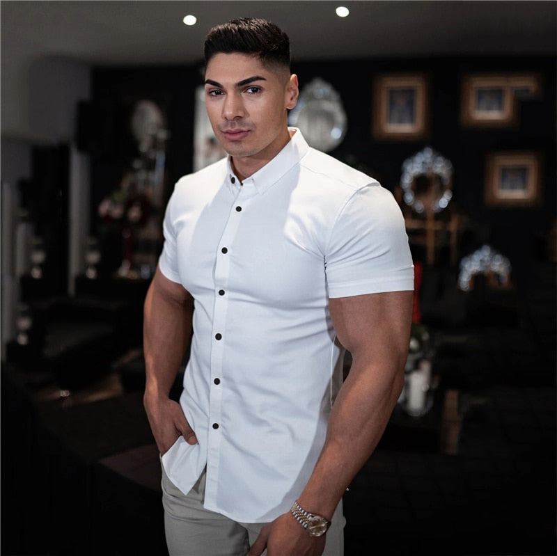 Men Fashion Casual Short Sleeve Solid Shirt Super Slim Fit Social Business Dress