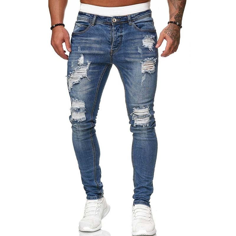 Mens Ripped Skinny Jeans Blue Slim Fit Hole Pencil Pants Casual Biker Trousers Streetwear 2022 High Quality Denim Man Clothing