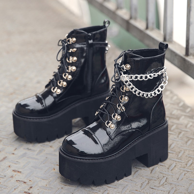 Women Gothic Ankle Boots Zip Punk Style Platform Shoes Goth Winter Lace-up Booties Chunky Heel Sexy Chain 2020 Dropshipping