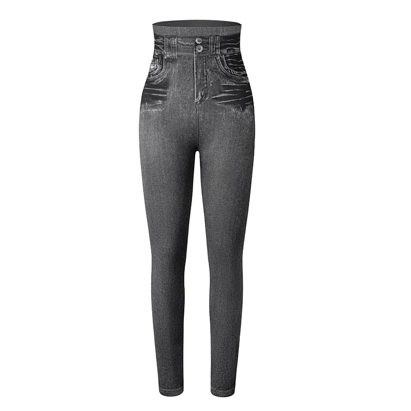 Push Up Seamless High Waist Faux Denim Leggings Women Casual Elastic Pocket Jeans Print Pants Skinny Pencil Leggins Mujer