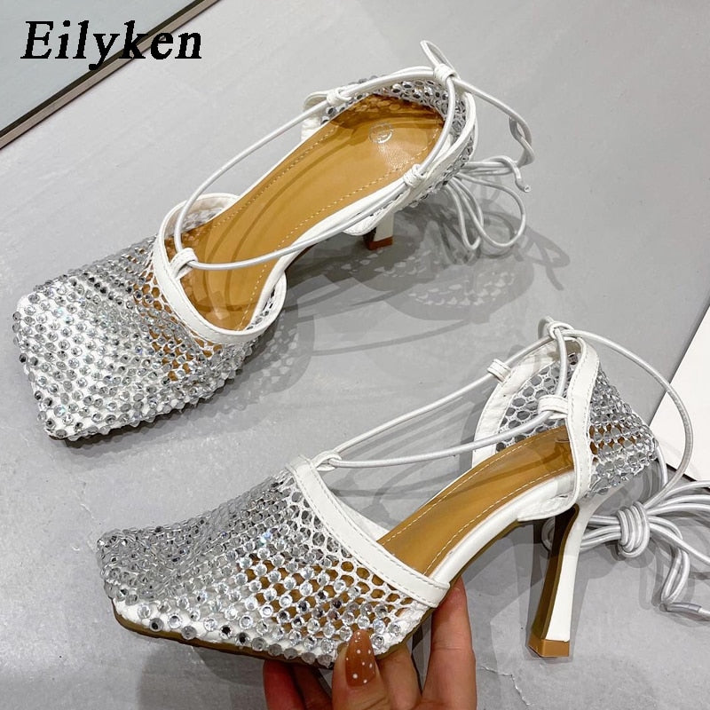 Eilyken Green Yellow Crystal Women Pumps Square Toe Fishnet Hollow Ankle Cross-Tied High Heel Rhinestone Sandals Lady Dress Shoe