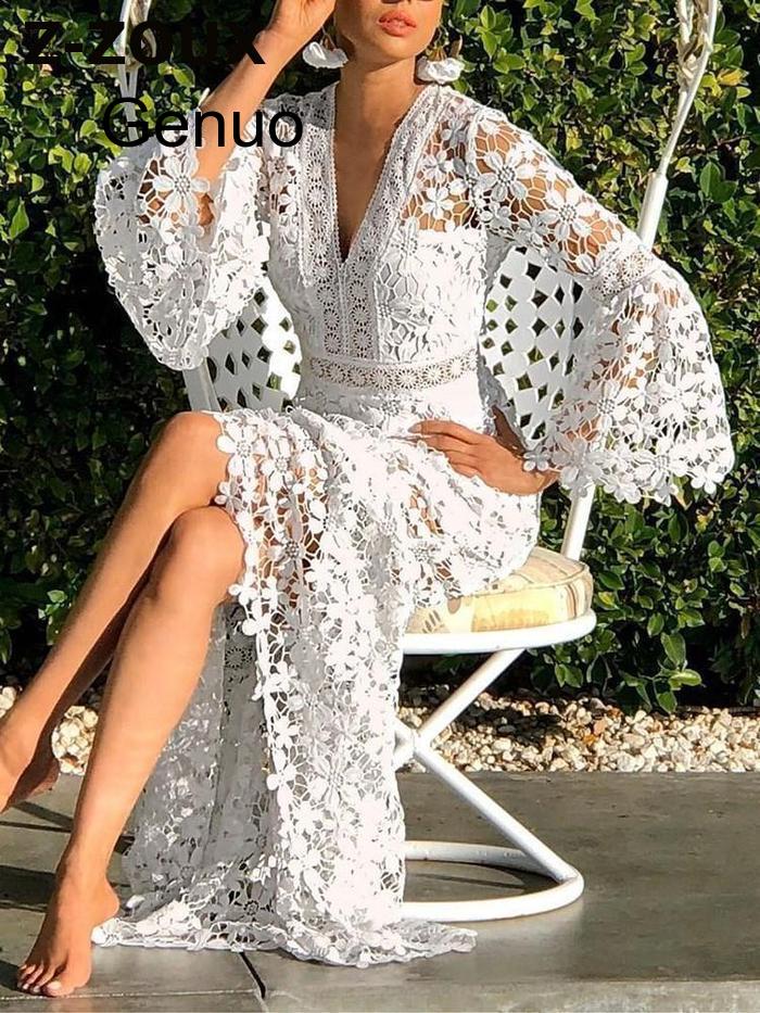 Women Dresses Lace Dress Flare Sleeve V-neck Hollow Out Long Sleeve White  Sexy Long Dresses  Party Evening