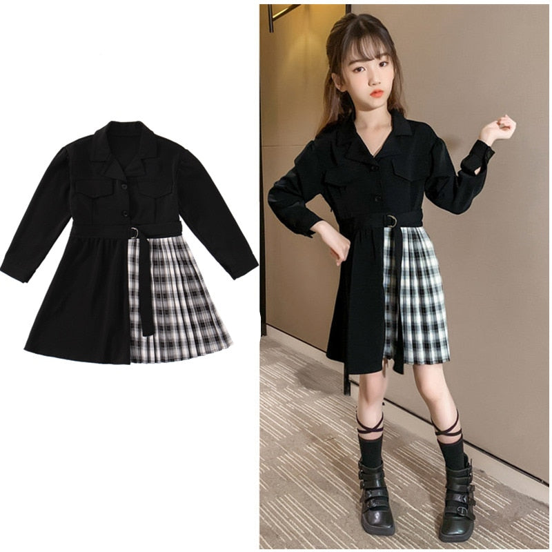 Kids Blazer Dress 2023 Girl Formal Black Blazer Dress Suit Jacket Female Fashion Children's Stitching Plaid Blazer Party Costume