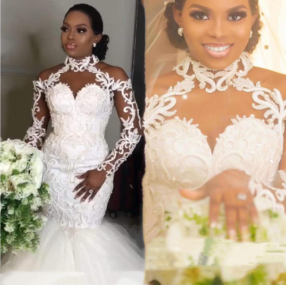 African Lace Mermaid Wedding Dresses  2023  High Neck Illusion Long Sleeves  Vestido Bridal Gowns