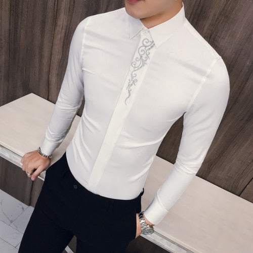 2022 Spring Men&#39;s Vintage Embroidered Shirt Long Sleeve Slim Social Club