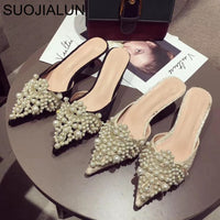 SUOJIALUN Women Designer Slipper Slides Ladies Brand Luxury Slippers Women Dress Mules Shoes Low Heel Pointed Toe Pearl Slippers