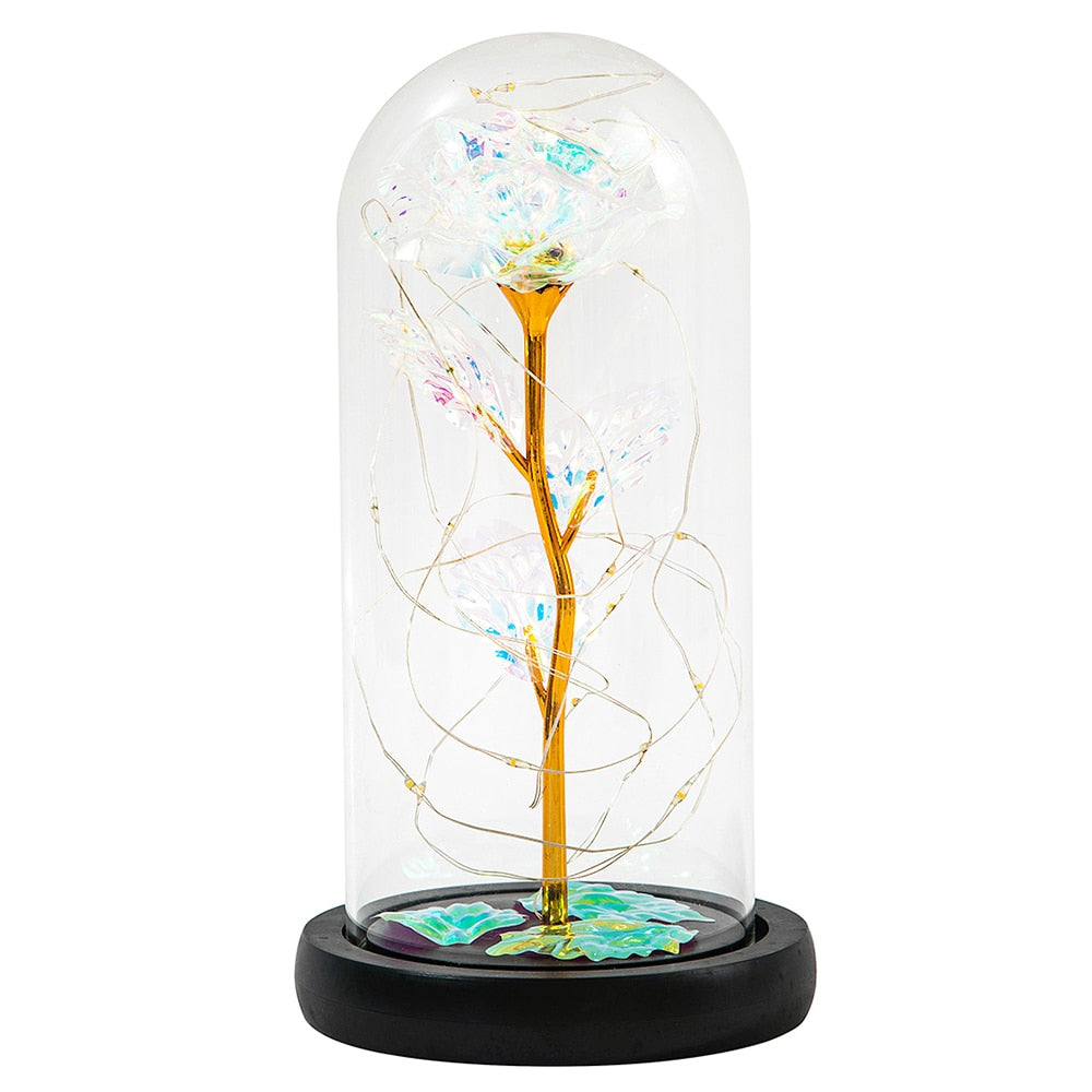 Artificial Eternal Rose LED Light Beauty The Beast In Glass Gold Foil Flower