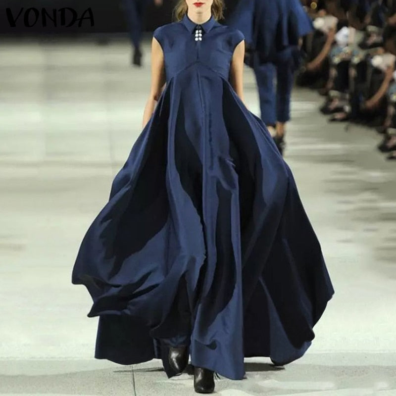 Bohemain Maxi Long Dress Vintage Turn-down Collar Dress Casual Robe Femme 2023 VONDA Casual Vestidos Femininas