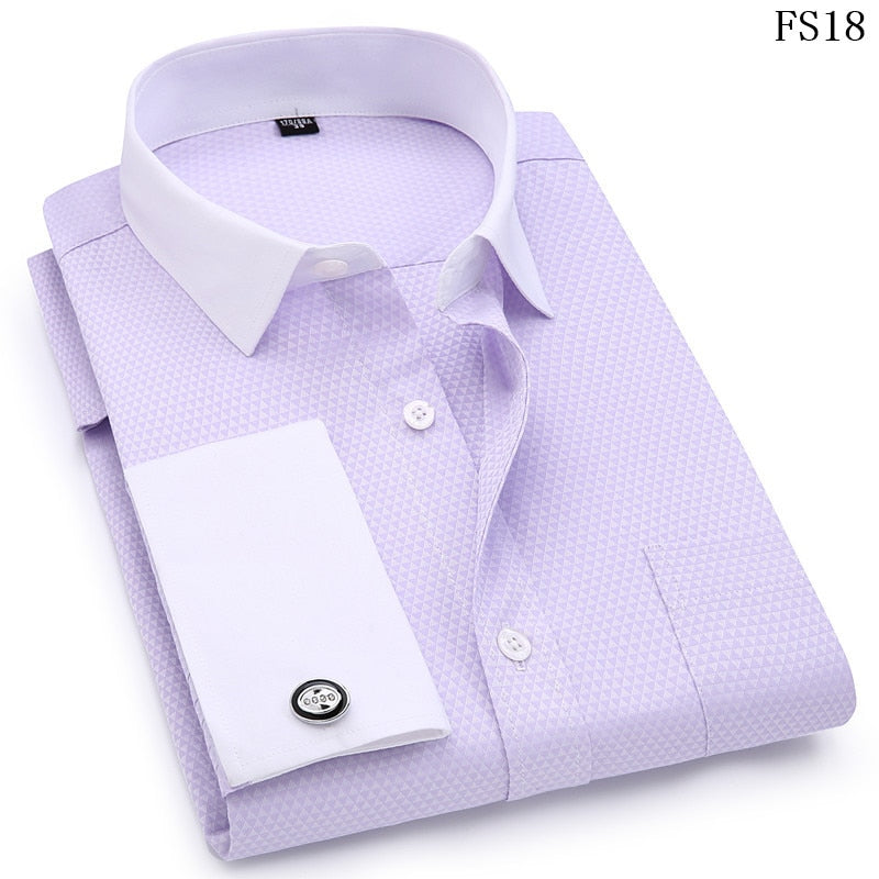 Men French Cufflinks Shirts White Collar Design Solid Color Jacquard Fabric Male Gentleman Dress Long Sleeves Shirt