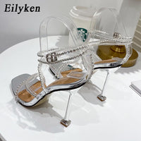 11CM High Heels PVC Transparent Crystal Women Sandals Summer Fashion Silver Rhinestone Sexy Square Toe Party Pumps