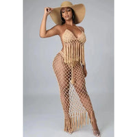 Women Handmade Crochet Bikini Cover Ups Tassel Cup and Long Skirt Three Pieces Sets Mesh Macrame Swimsuit Dress Suit