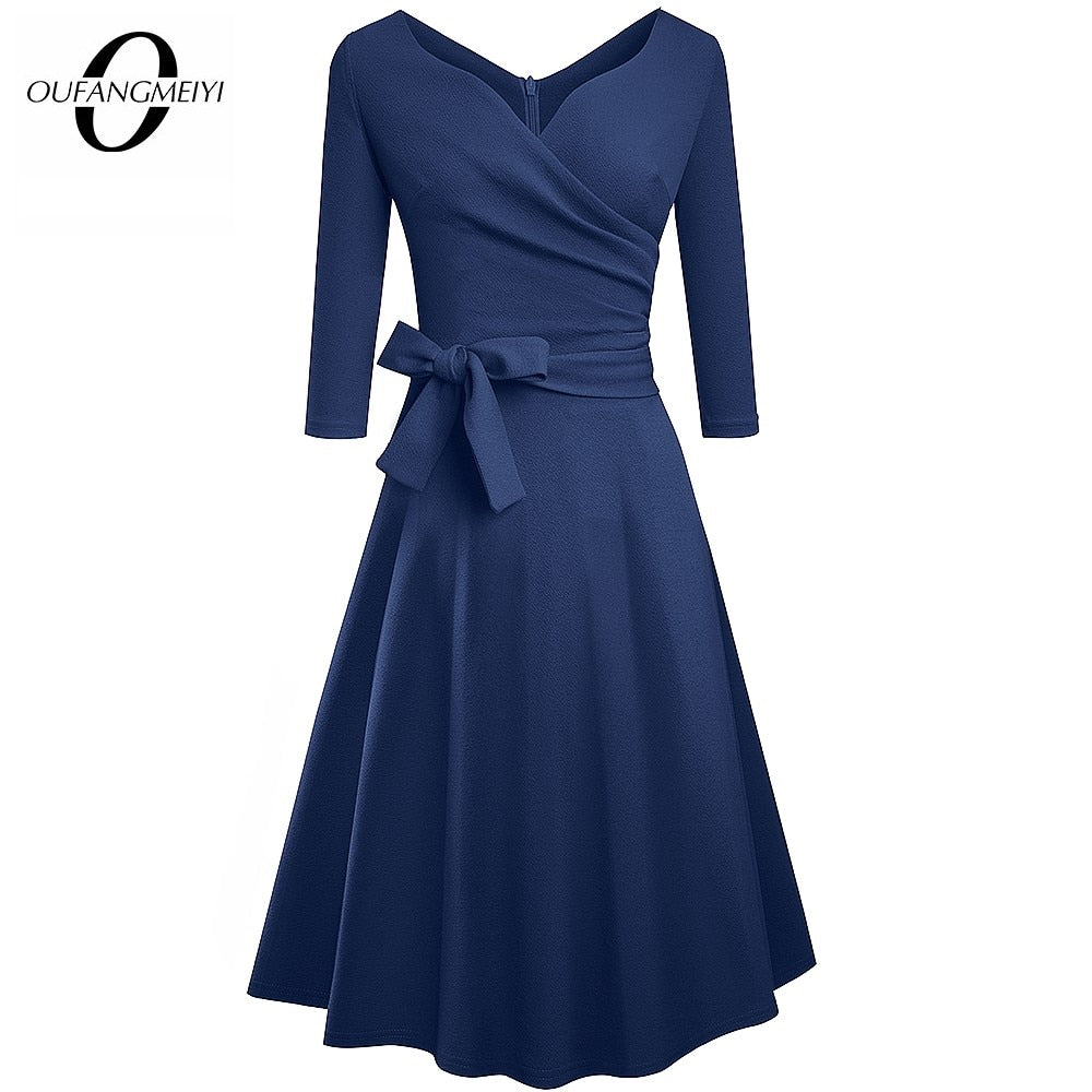 Women Classic Vintage Sexy V Neck Bow Party Casual Elegant Charming A Line Dress EA240