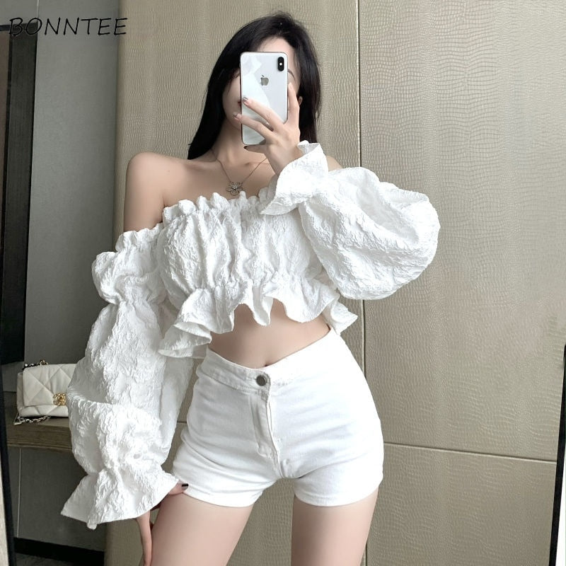 Blouse Women Sexy Trendy Slash Collar Autumn Folds Jacquard Stylish Long Sleeve Female Feminine Party Street Korean Style Crop