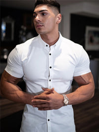 Men Fashion Casual Short Sleeve Solid Shirt Super Slim Fit Social Business Dress