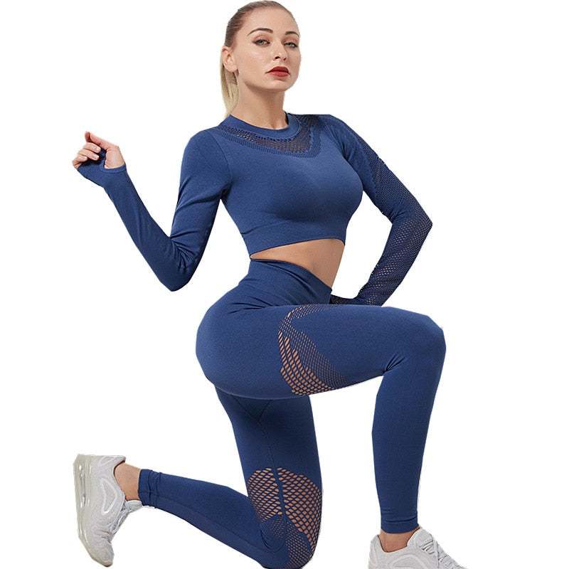 2 Piece Gym Set Women Hollow Out Yoga Set Long Sleeve Top High Waist