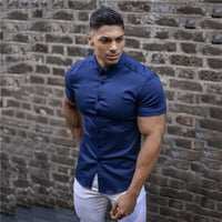 Men Fashion Casual Short Sleeve Solid Shirt Super Slim Fit Social Business Dress