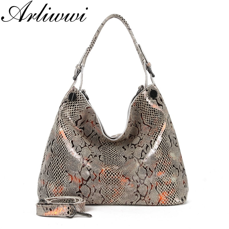 Arliwwi Female Genuine Leather Shoulder Bags New Serpentine Embossed Shiny Cross Body Real Cow Leather Handbags Women GL08