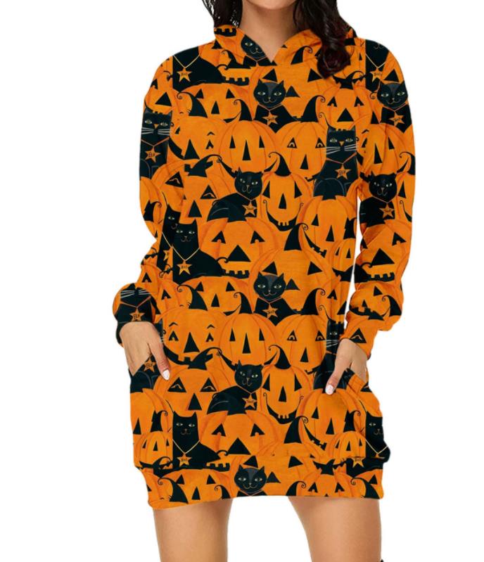 Women Casual Long Sleeve Short Dress Fashion Halloween Printed Hooded Dresses Pocket Spring Autumn