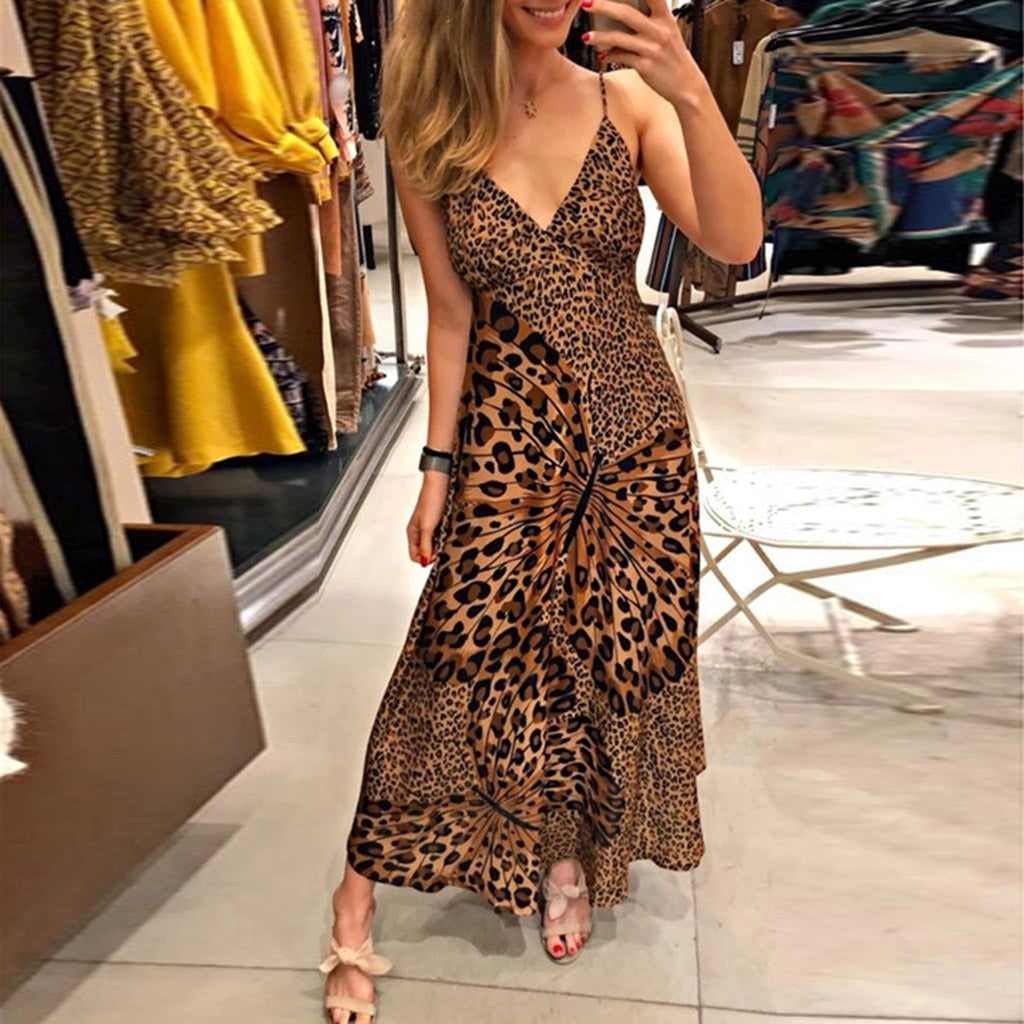 Sexy Dress Women Deep Deep V Leopard Butterfly Wrap Sling Sleeveless Nightclub Beach Dress Long Dress Beach Casual Print Dresses