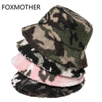 FOXMOTHER New Fashion Camo Warm Caps Wool Faux Fur Winter Bucket Hat for Women Camouflage Fisherman Hats Cap Panama Lady