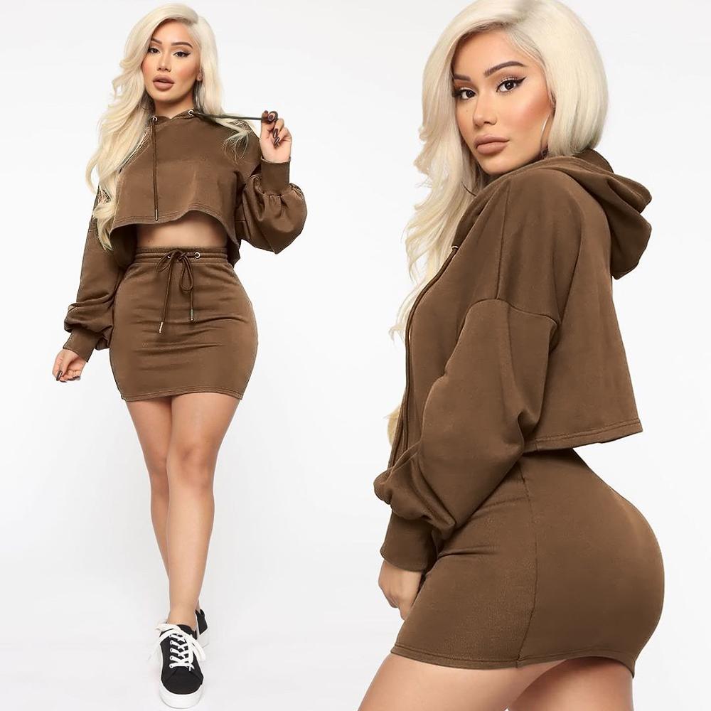 Sexy Women Hooded Skirt Two Piece Set Sweater Top +Mini Dress Tracksuit