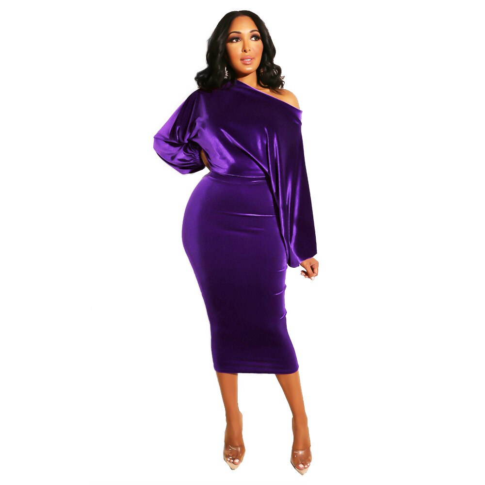 Purple Velvet Women New 2020 Spring Winter Off Shoulder Long Sleeve Bodycon Dress Office Lady Sexy Pencil Party Dresses 5 Colors