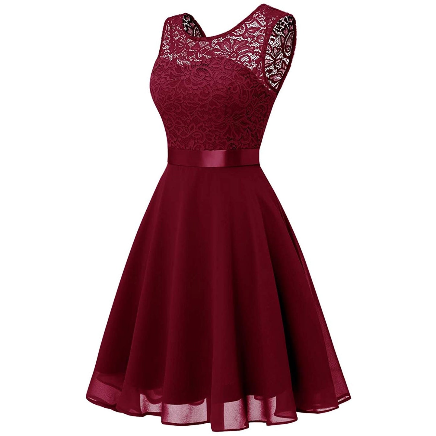 Women Sexy Lace Party Dress Fashion Female O Neck Sleeveless Loose Belt Bridesmaid Formal Dress