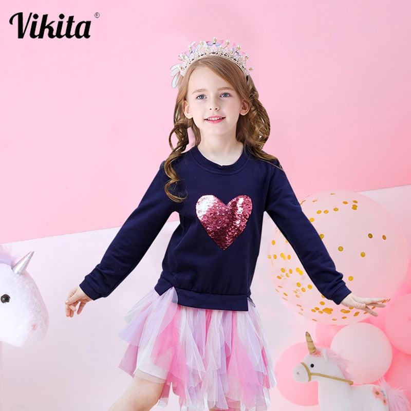 VIKITA Kids Heart Dresses Children Autumn Long Sleeve Vestidos Kids Casual Dress Toddler Mesh Tulle Dresses Children Clothing