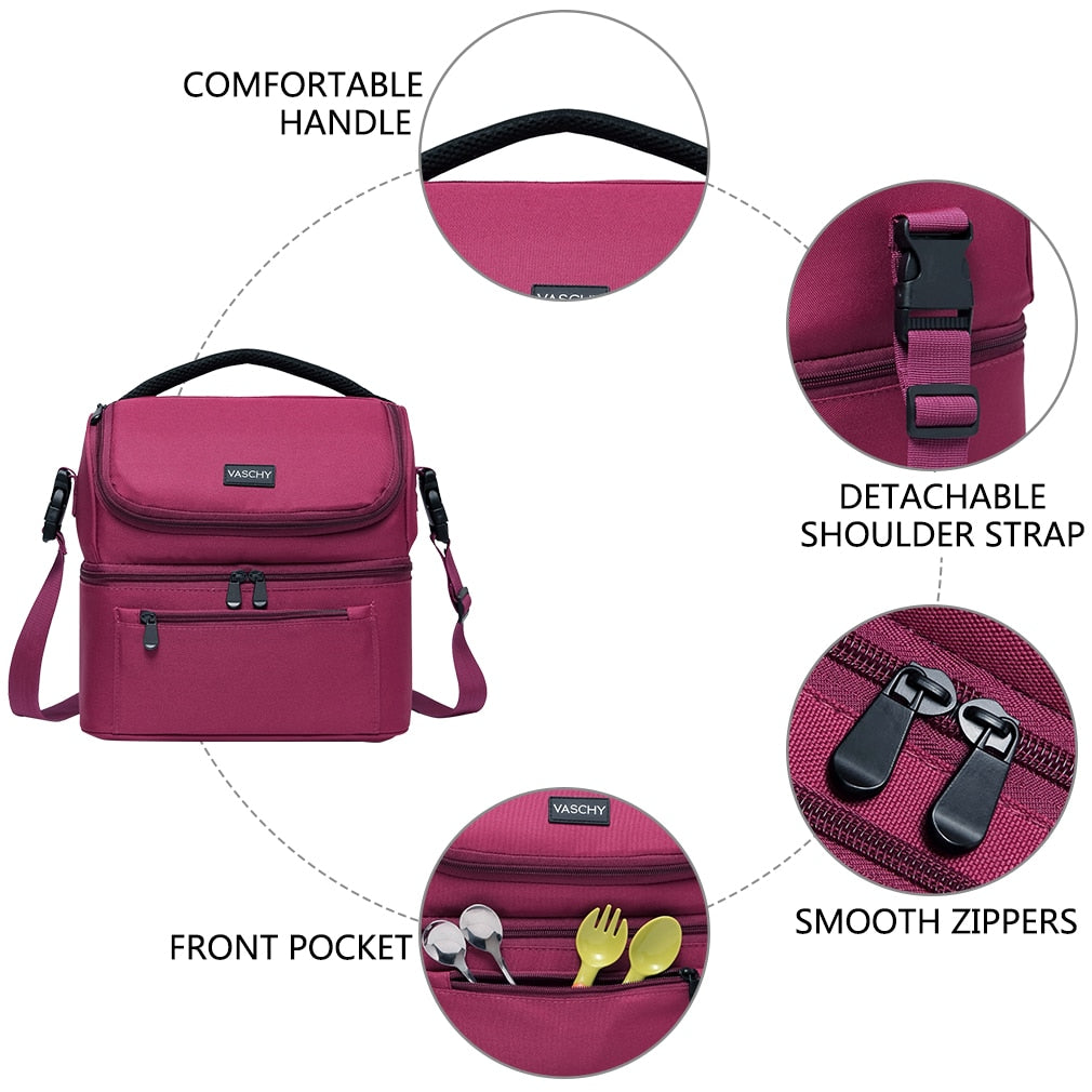 VASCHY Lunch Bag Insulated Lunch Cooler Bag Leak-proof in Dual Compartment Bento Bag for Women Men 14 Cans Picnic Bag Burgundy