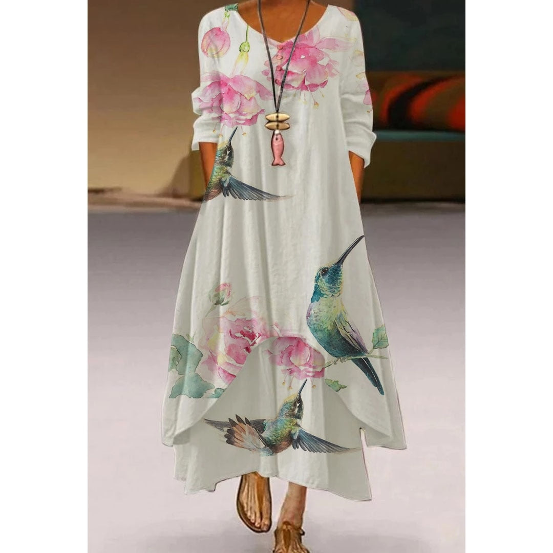 Floral Parrot Print Maxi Long Dress Women's Fashion Party Evening Dresses Sexy high Waist Robe Summer Long Sleeve Elegant Dress