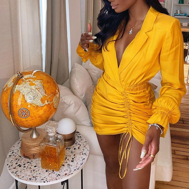 Sexy Hip Pleated Drawstring Bodycon Dress Women Long Sleeve Night Club Party Bandage Mini Dress Yellow Black Clothes Vestido