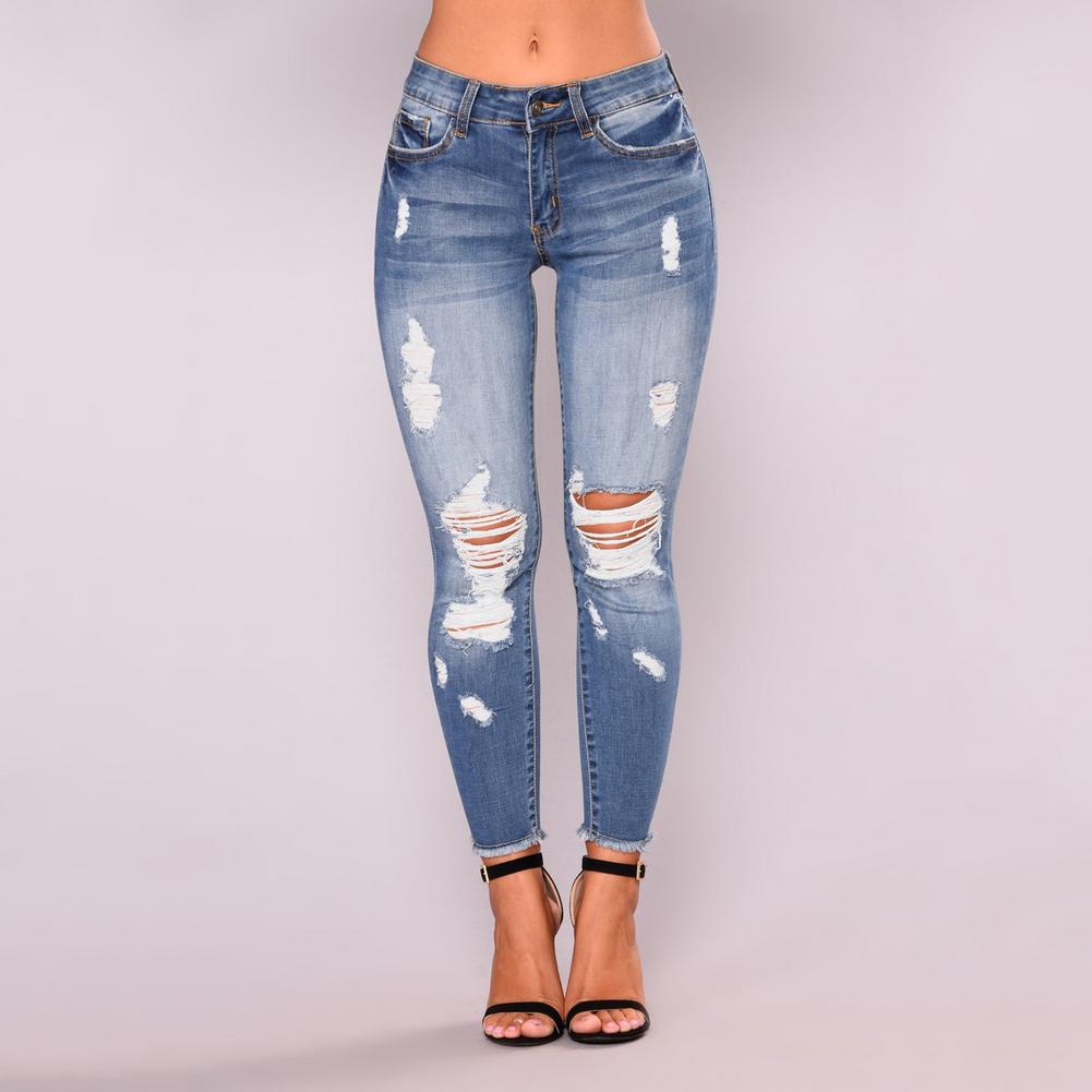 Plus Größe Licht Blau Zerrissene Jeans Für Frauen Street Style Sexy Distressed Hosen Stretch High-taille Engen Jeans Cropped hosen