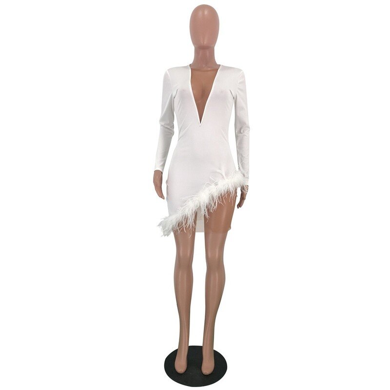 Sexy Women Spring Winter Mini Dress 2020 V-Neck Mesh Feather Patchwork Sexy Night Club