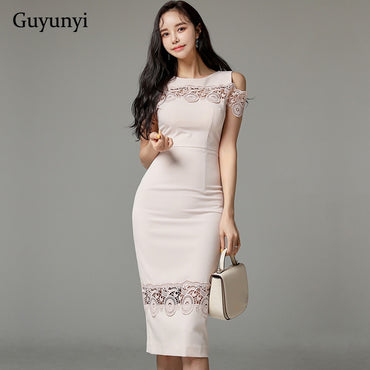 Pink Office Elegant Dress 2022 Summer Temperament Hollow Decorative Lace Stitching High Waist Tight Party Women's Dresses