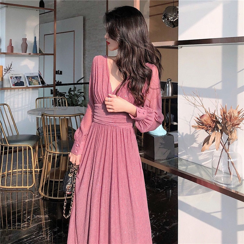 Women Dress Autumn V-Neck Long Sleeve Shiny Midi Dress A-Line Evening Night Party Elegant Dress Red Black Pink vestidos 2021