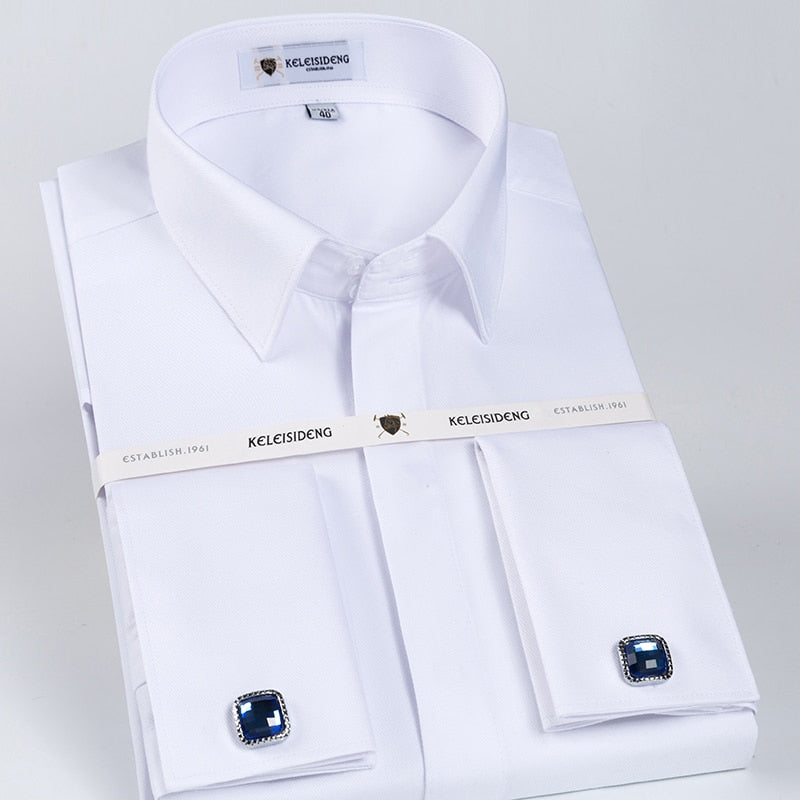 Men&#39;s Classic French Cuff Hidden Button Dress Shirt Long-sleeve Formal Business Standard-fit White Shirts (Cufflinks Included)