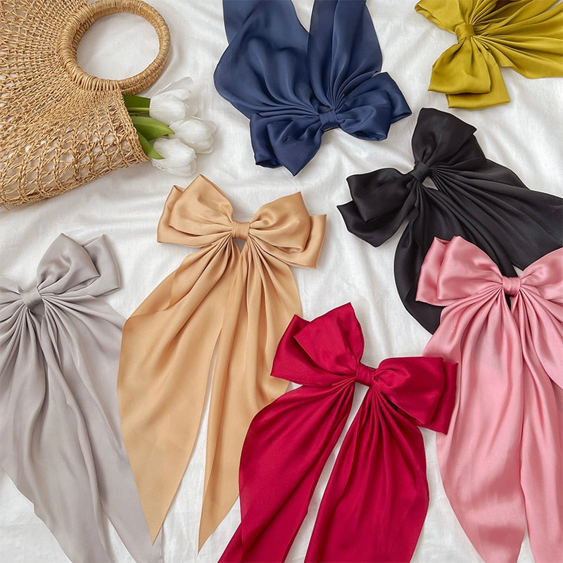 Solid Color Big Large Satin Bow Hairpins Barrettes For Women Girl Wedding Long Ribbon Korean Hair Clip Hairgrip Hair Accessories