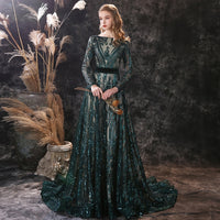 Long Evening Dresses Gorgeous Elegant Muslim Mermaid Long Sleeve Sequined Hunter Green Prom Party Formal Occasion Gown