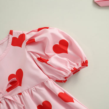 Lioraitiin 1-5Years Toddler Baby Girl 2Pcs Valentine&#39;s Day Dress Autumn Long Sleeve Heart Printed O-Neck Cute Pink Outfit