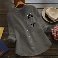 Women Cat Shirt Linen Blouse Long Sleeve Kawaii Blouses Tops Laple Pocket Down collared shirts Spring Woman Clothes