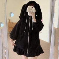 Rabbit Ears Hoodies Women Zip-up Sweatshirts Coat Long Lantern Sleeve Hooded Lolita Cute Sweet Girls Harajuku Warm Baggy Outfits