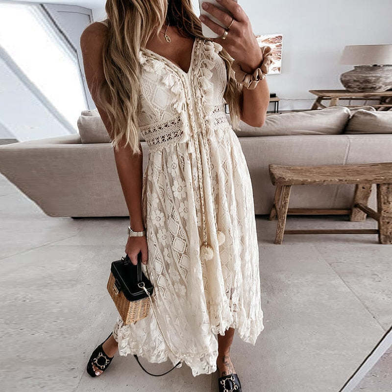 Off Shoulder Lace Patchwork Elegant Dress Women Summer 2023 V Neck Spaghetti Strap Dress Female New Fashion Solid Party Dresses